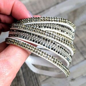 B0 White Silver Rhinestone Wrap Bracelet  Double Adjustable S-M-L Double Wrap